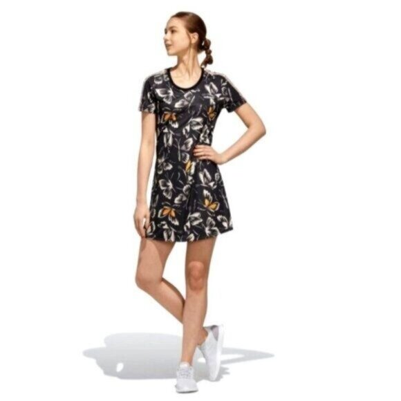 ADIDAS Farm Rio T-Shirt Dress Black Floral Butterfly Print Sporty Athleisure - Picture 2 of 13